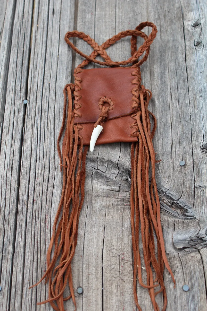 Fringed leather amulet bag, necklace bag