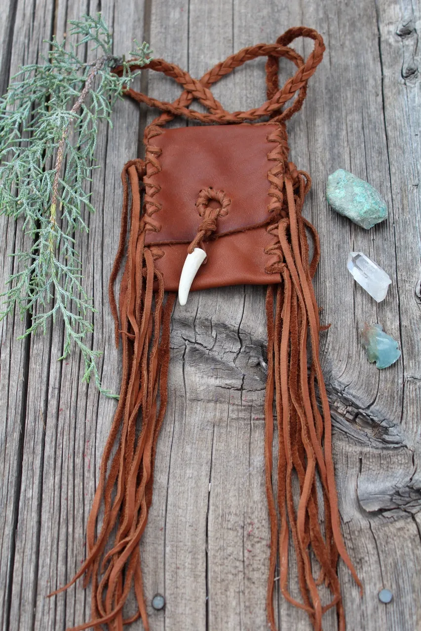 Fringed leather amulet bag, necklace bag