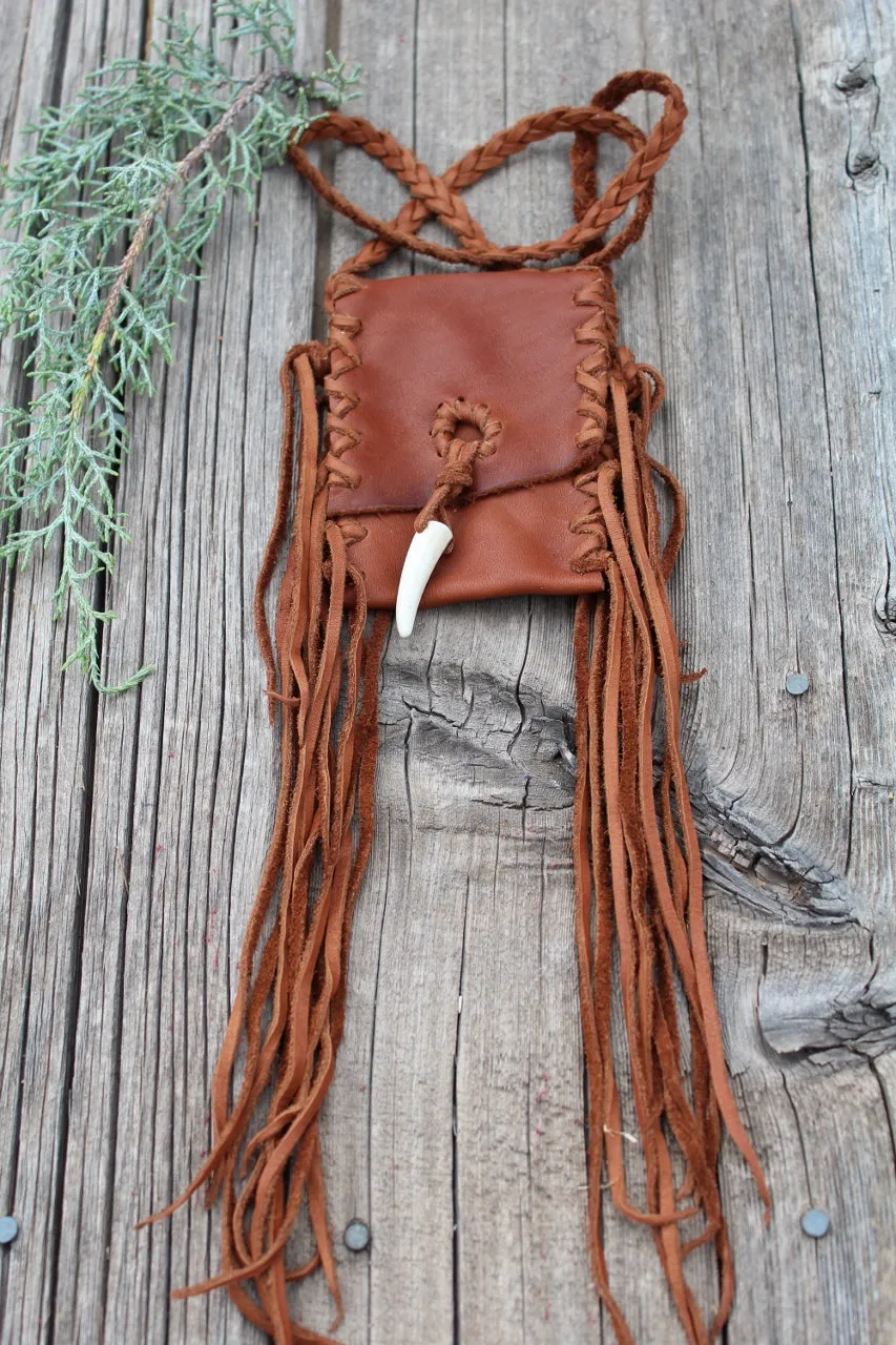 Fringed leather amulet bag, necklace bag