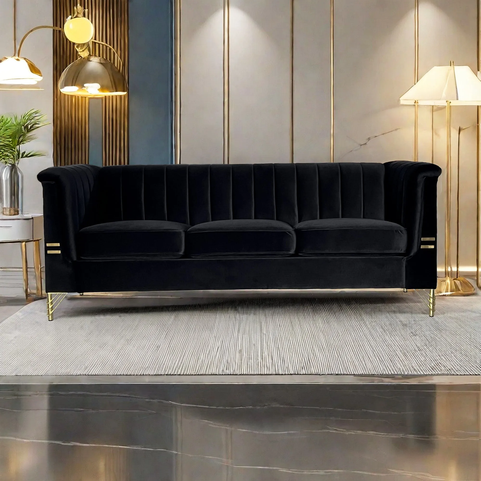 FX-P82-BK(SOFA)-Modern Sofa Couches for Living Room, 82.67Inches Velvet Velvet Tight Back Chesterfield design Couch Upholstered Sofa with Metal Legs Decor Furniture for Bedroom