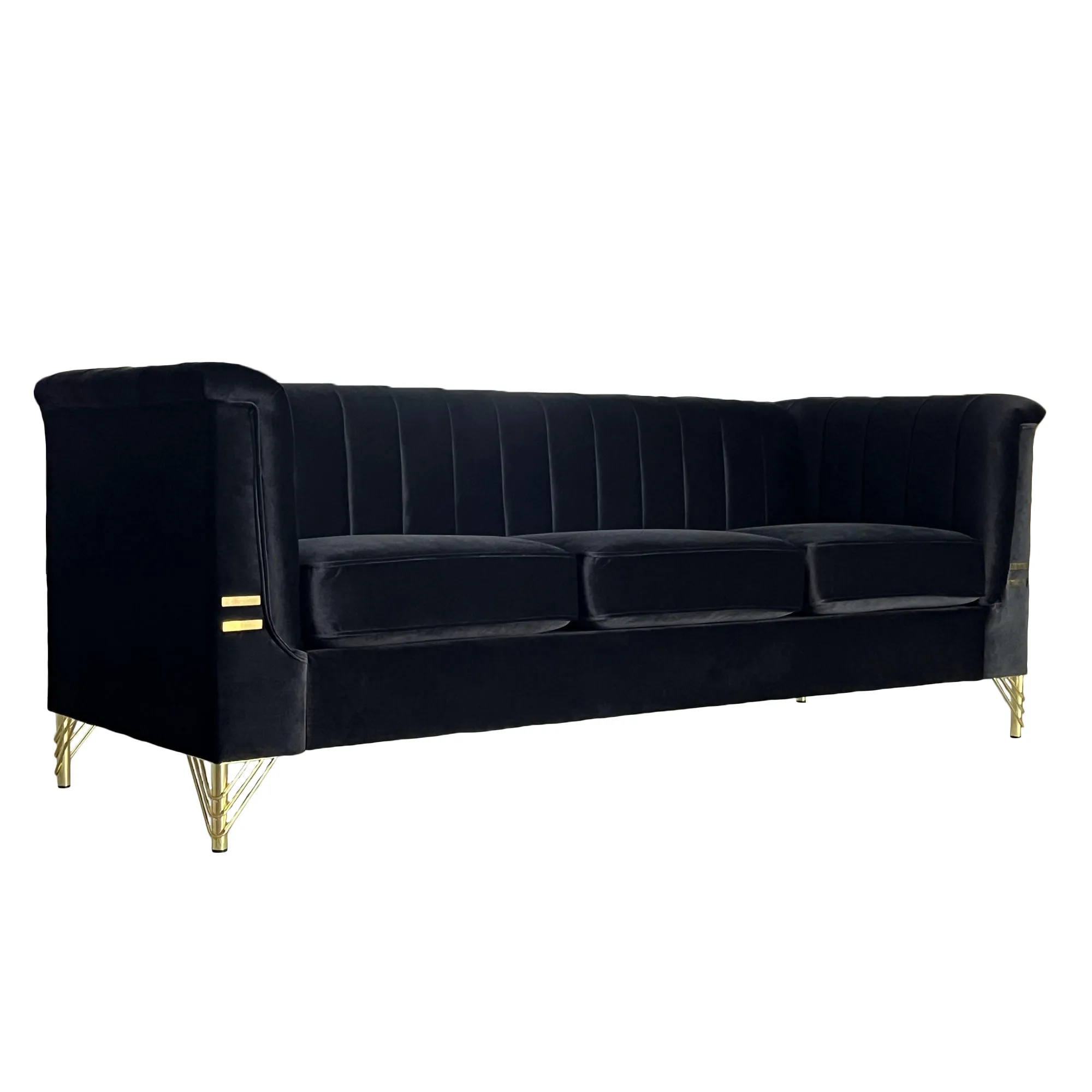 FX-P82-BK(SOFA)-Modern Sofa Couches for Living Room, 82.67Inches Velvet Velvet Tight Back Chesterfield design Couch Upholstered Sofa with Metal Legs Decor Furniture for Bedroom