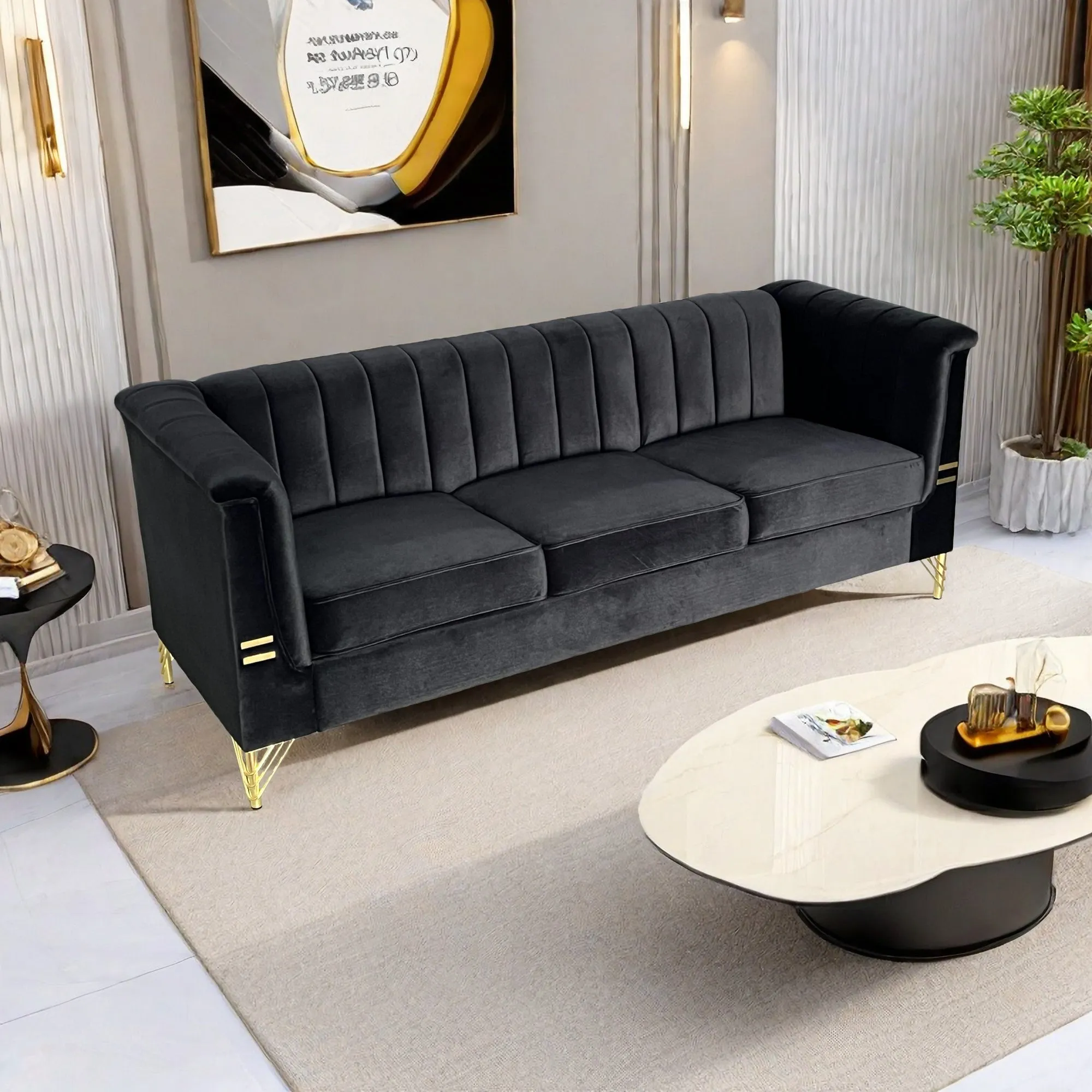 FX-P82-BK(SOFA)-Modern Sofa Couches for Living Room, 82.67Inches Velvet Velvet Tight Back Chesterfield design Couch Upholstered Sofa with Metal Legs Decor Furniture for Bedroom