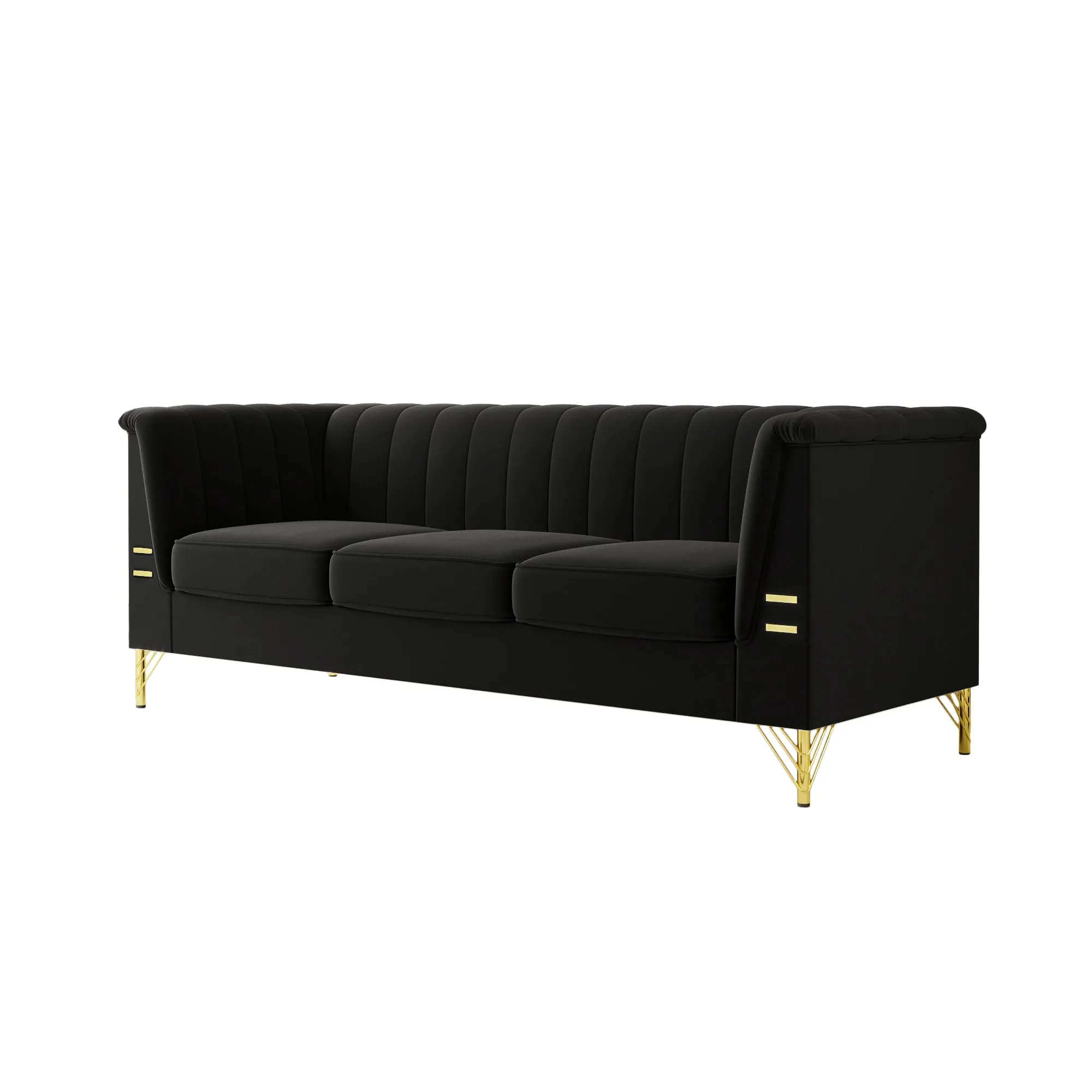 FX-P82-BK(SOFA)-Modern Sofa Couches for Living Room, 82.67Inches Velvet Velvet Tight Back Chesterfield design Couch Upholstered Sofa with Metal Legs Decor Furniture for Bedroom