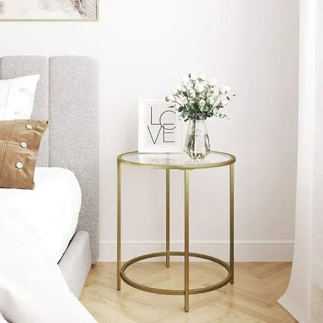 Golden Metal Frame Round Glass Side Table, 40 kg Capacity, VASAGLE