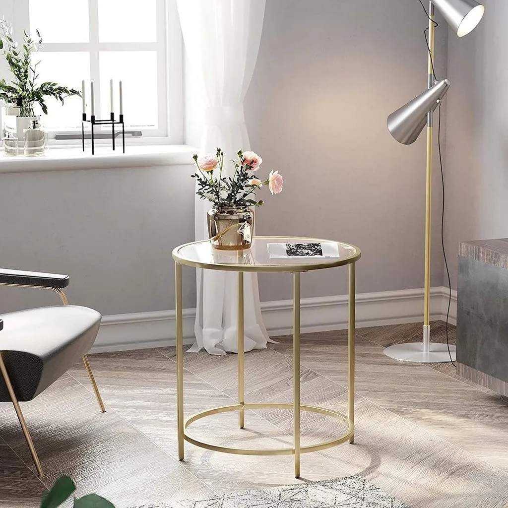 Golden Metal Frame Round Glass Side Table, 40 kg Capacity, VASAGLE