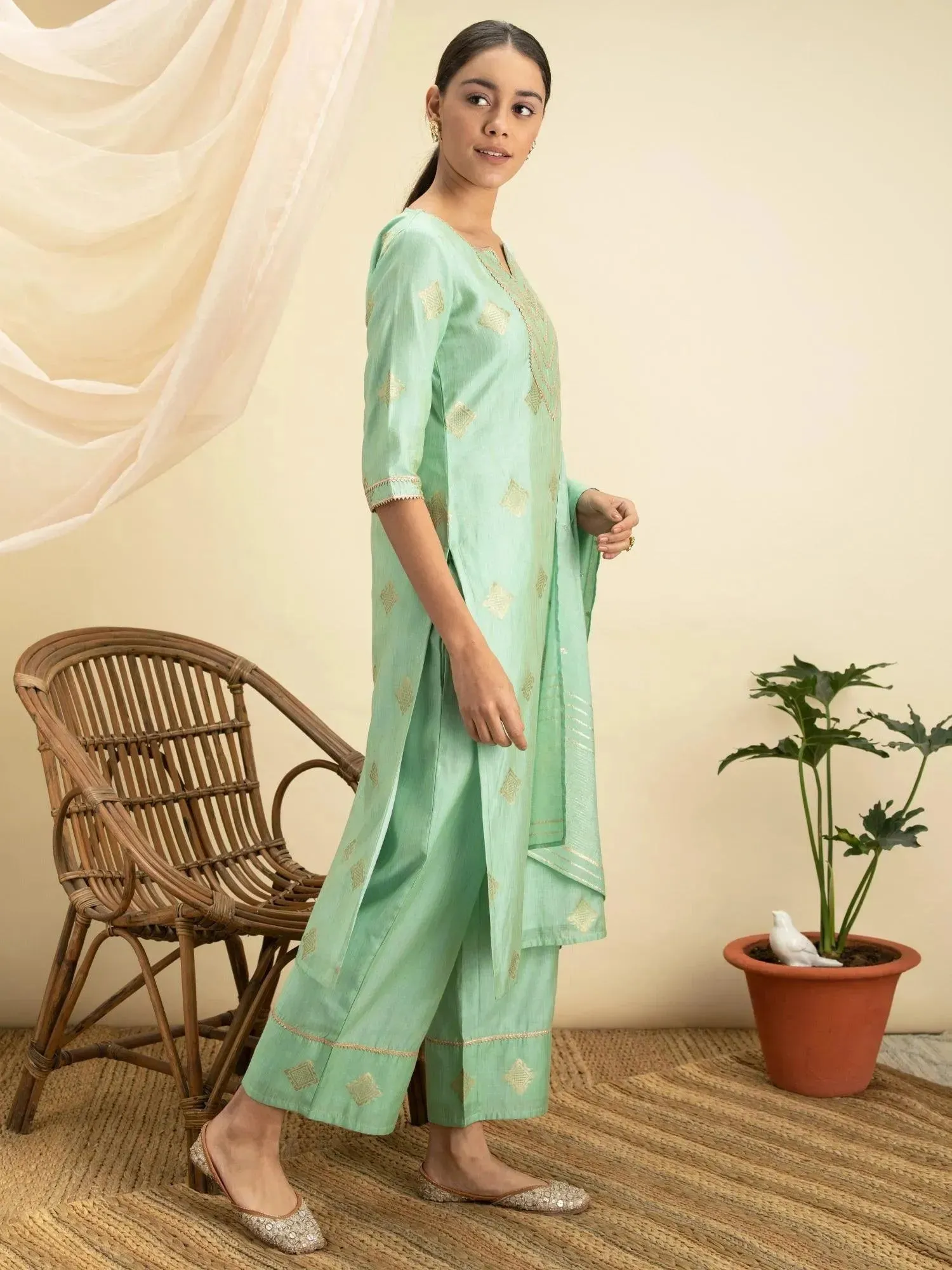 Green Self Design Silk Straight Kurta With Palazzos & Dupatta