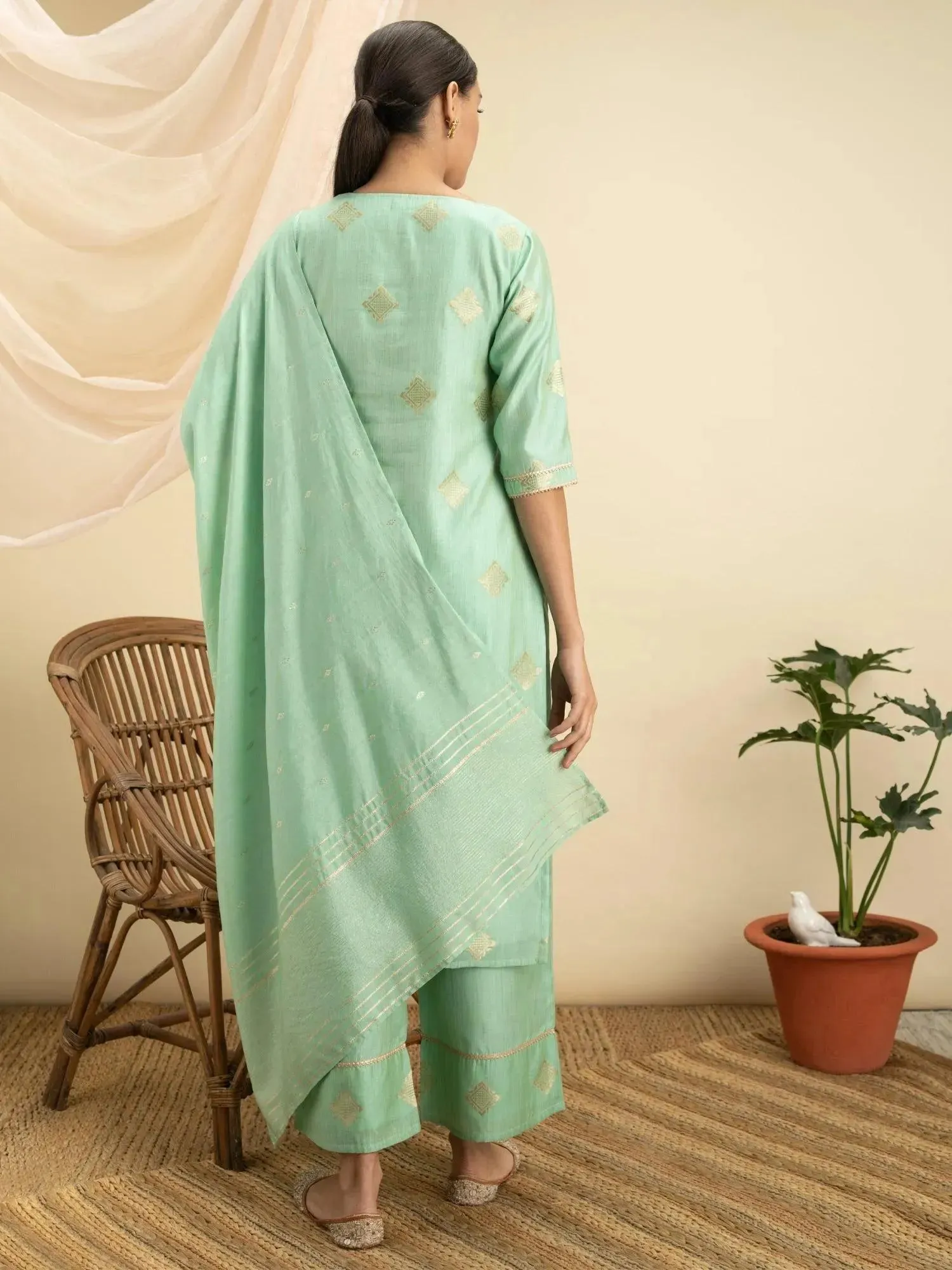 Green Self Design Silk Straight Kurta With Palazzos & Dupatta