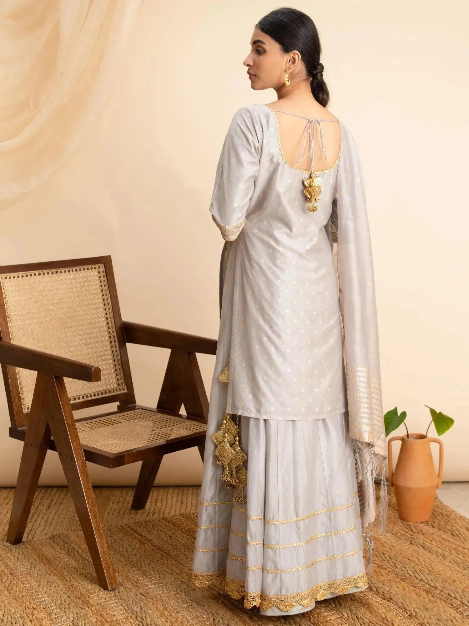 Grey Self Design Silk Straight Kurta With Skirt & Dupatta