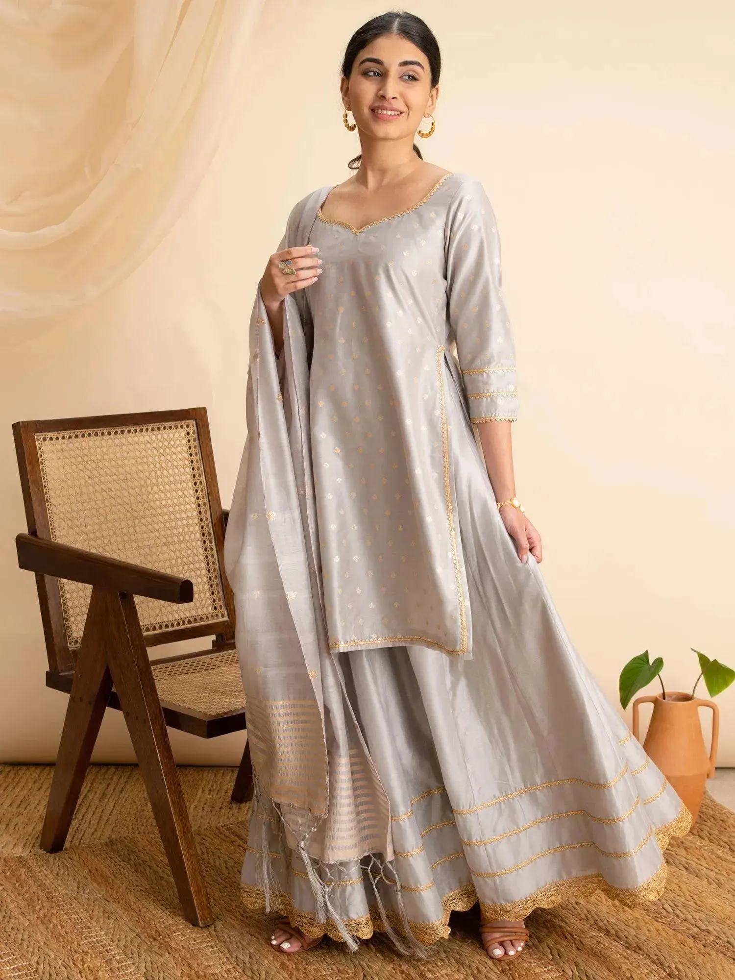 Grey Self Design Silk Straight Kurta With Skirt & Dupatta