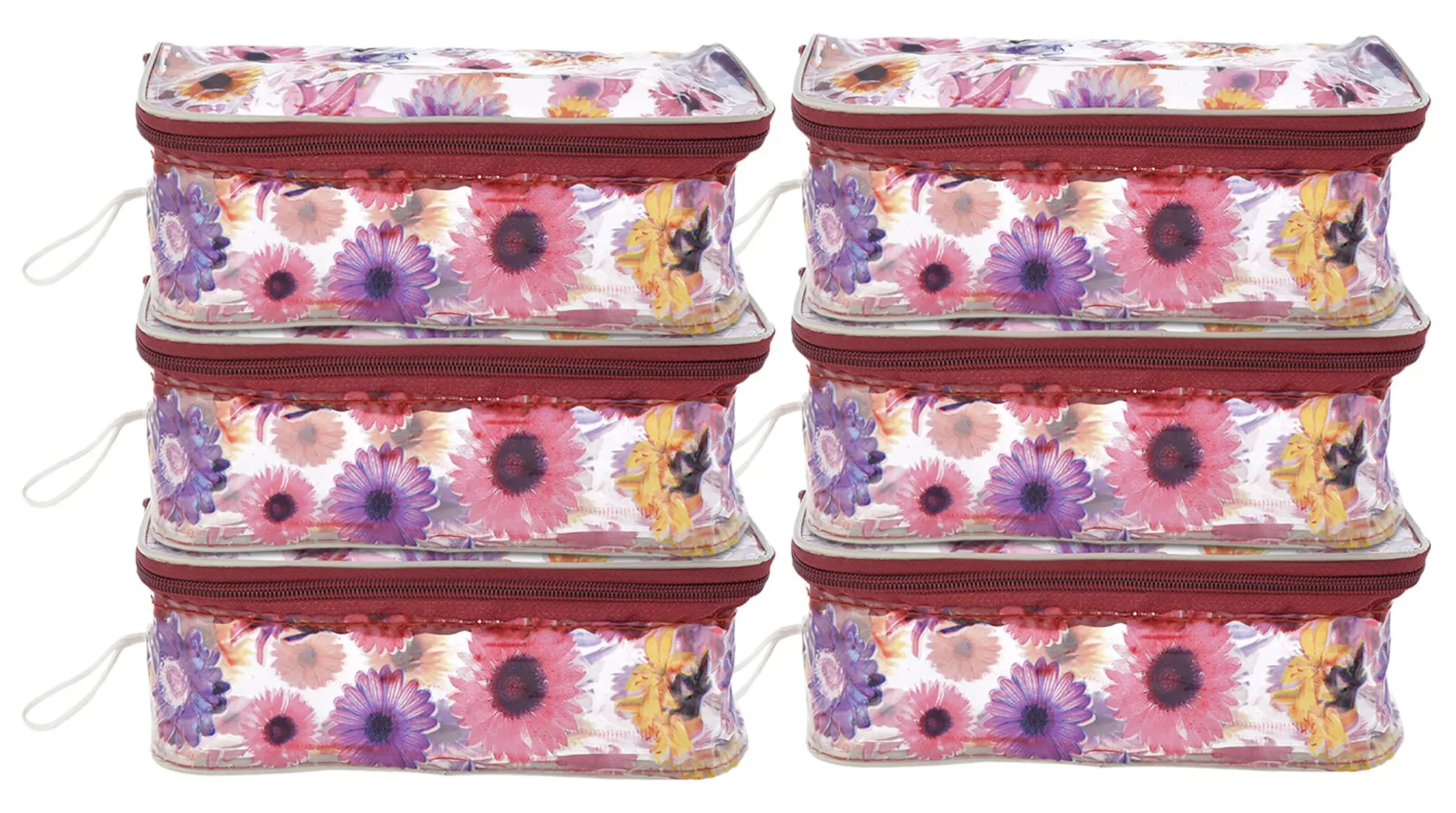 Heart Home Flower Printed Tranasparent Multiuses PVC Pouch/Bag For Vacation, Bathroom, Organizing With Carrying Strip- Pack of 6 (MultiColor)-44HH0603