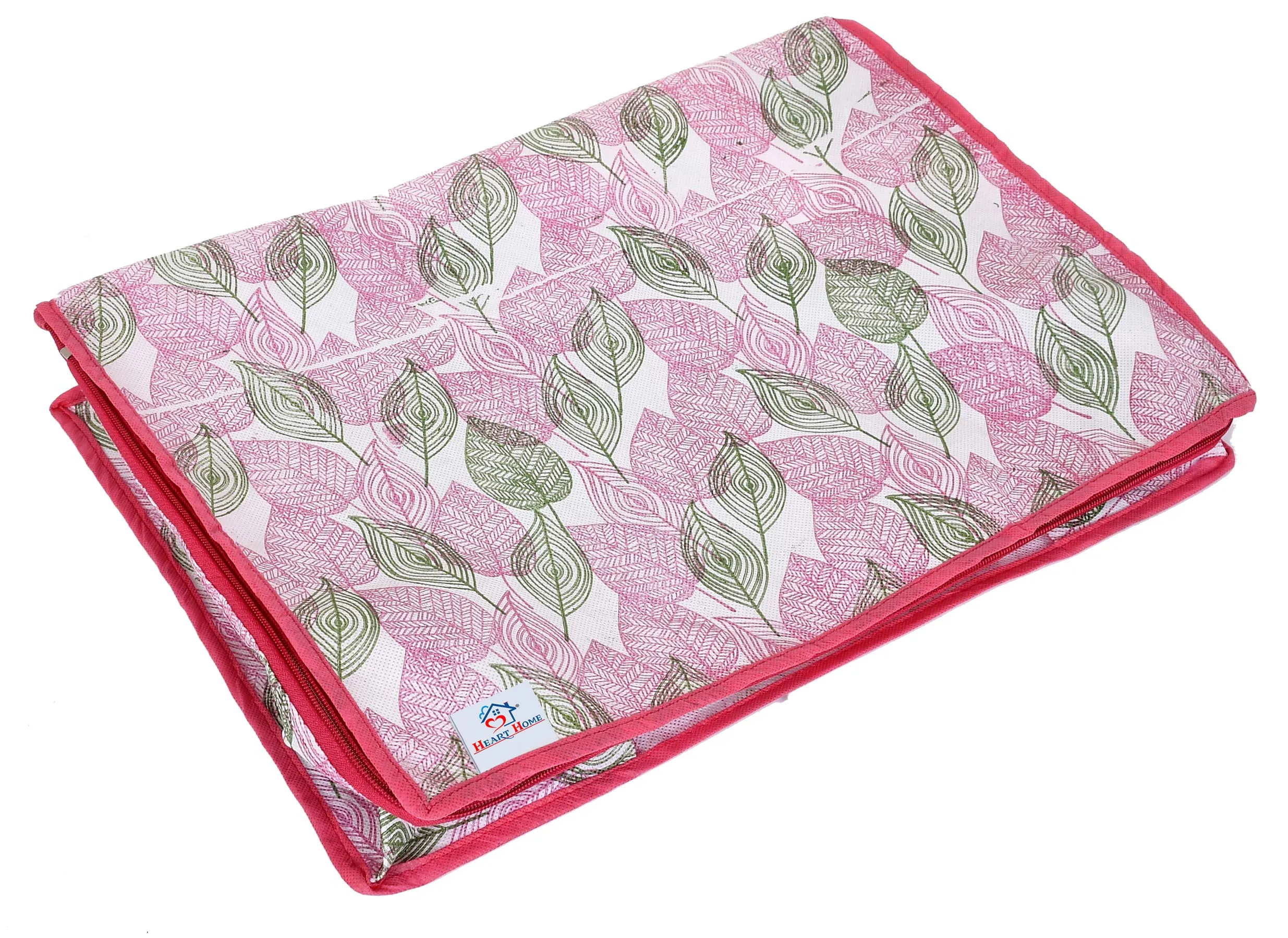 Heart Home Metalic Leafy Print Non Woven Underbed Bag|Cloth Organiser|Blanket Cover with Transparent Window|Storage Bag For Clothes Large (Pink)-HHEART16615