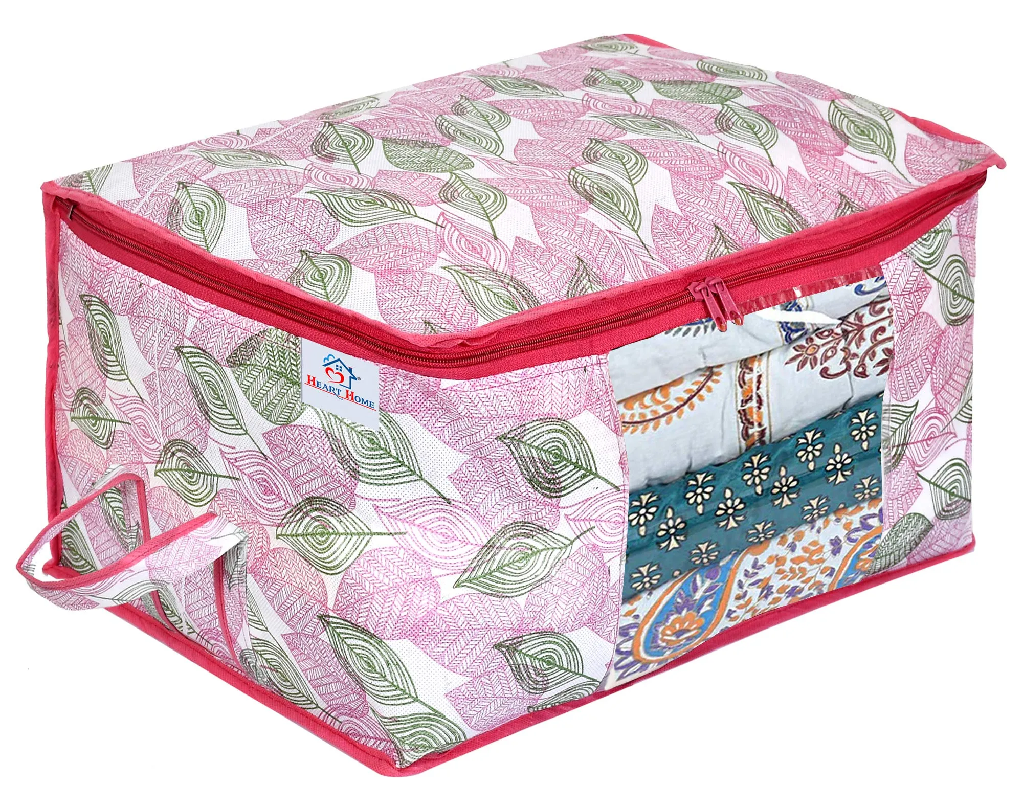 Heart Home Metalic Leafy Print Non Woven Underbed Bag|Cloth Organiser|Blanket Cover with Transparent Window|Storage Bag For Clothes Large (Pink)-HHEART16615