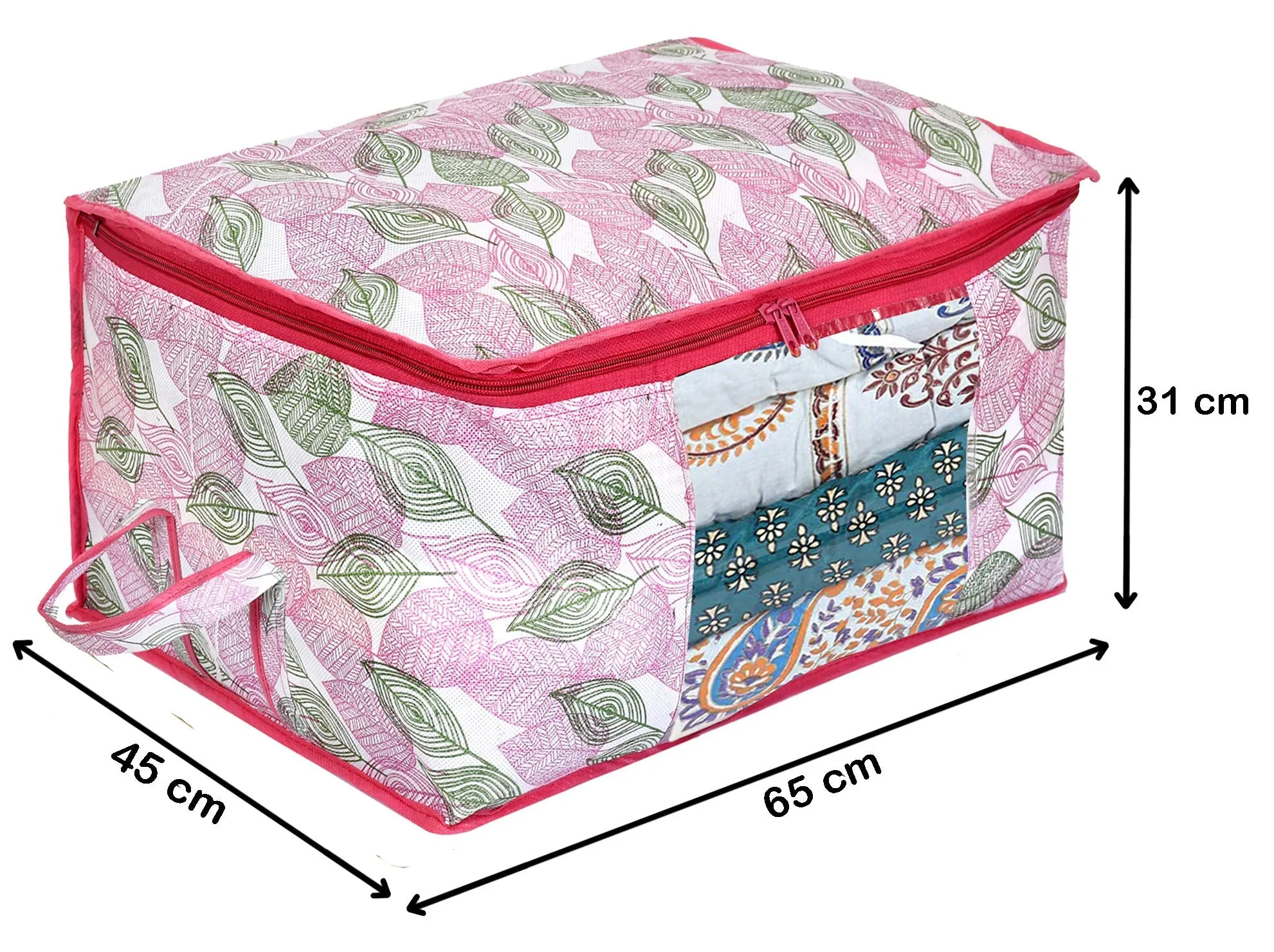 Heart Home Metalic Leafy Print Non Woven Underbed Storage Bag|Cloth Organiser|Storage Bag For Clothes Large|Blanket Cover with Transparent Window (Pink)