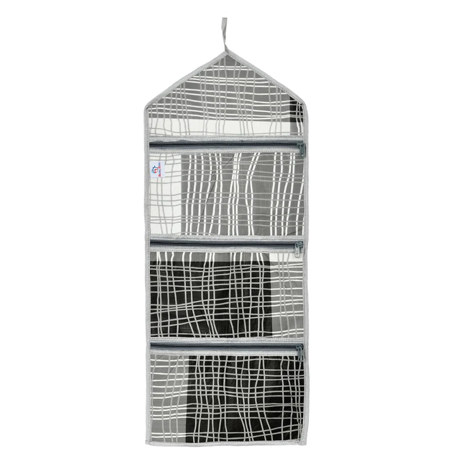 Heart Home Paper Holder | Foldable Hanging Organizer | PVC Lining Pattern Document Holder | 3 Pocket Wall Hanging Holder with Zipper | Gray & Black