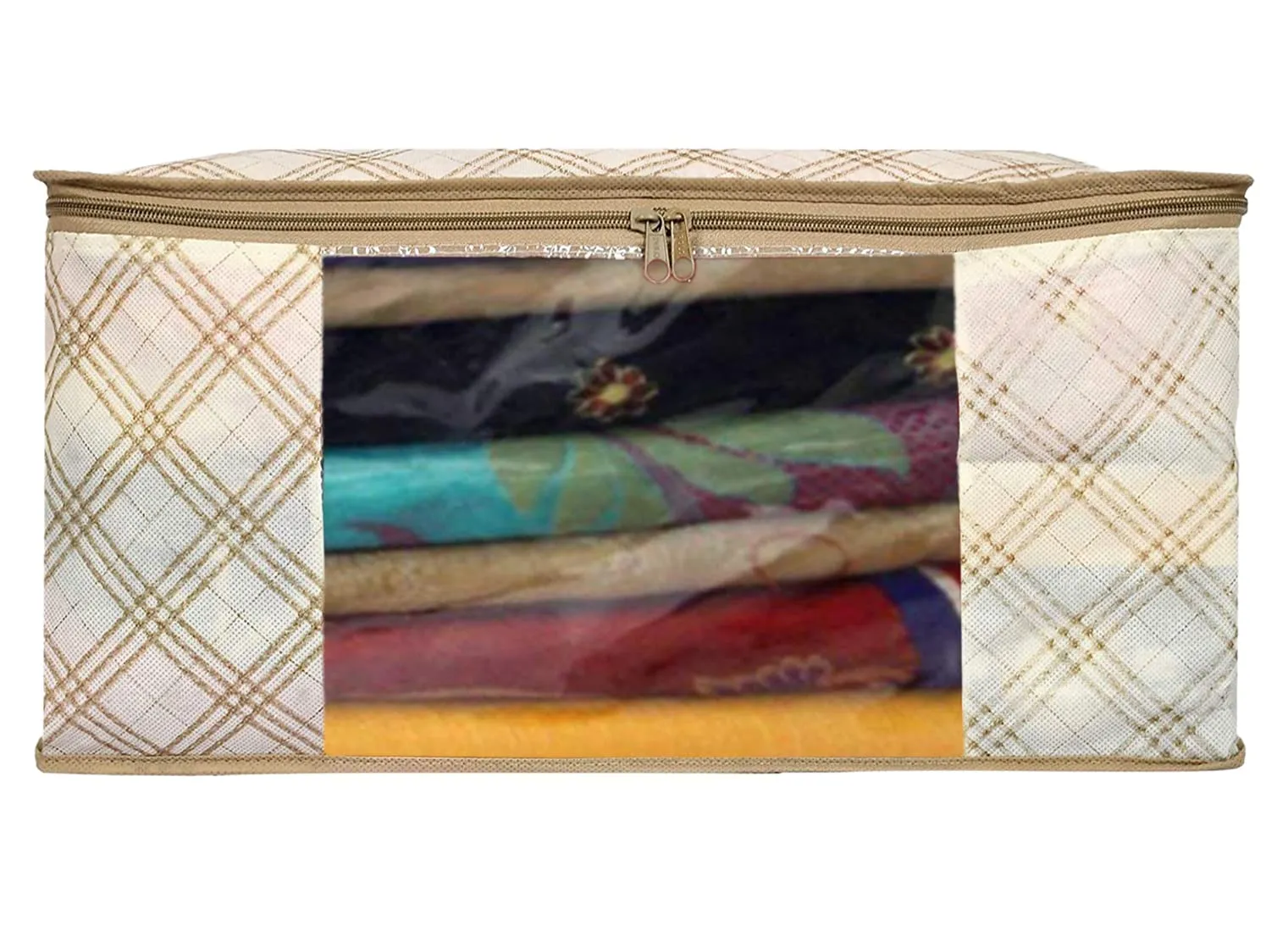 Heart Home Tartan Design Non-woven Foldable Saree Cover/Clothes Storage Bag/Wardrobe Organizer With Transparent Window- Pack of 12 (Beige)-44HH0375