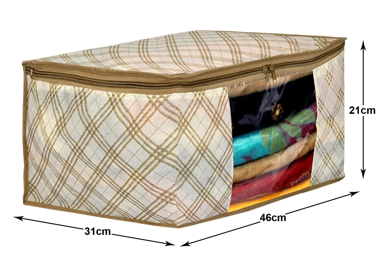 Heart Home Tartan Design Non-woven Foldable Saree Cover/Clothes Storage Bag/Wardrobe Organizer With Transparent Window- Pack of 12 (Beige)-44HH0375