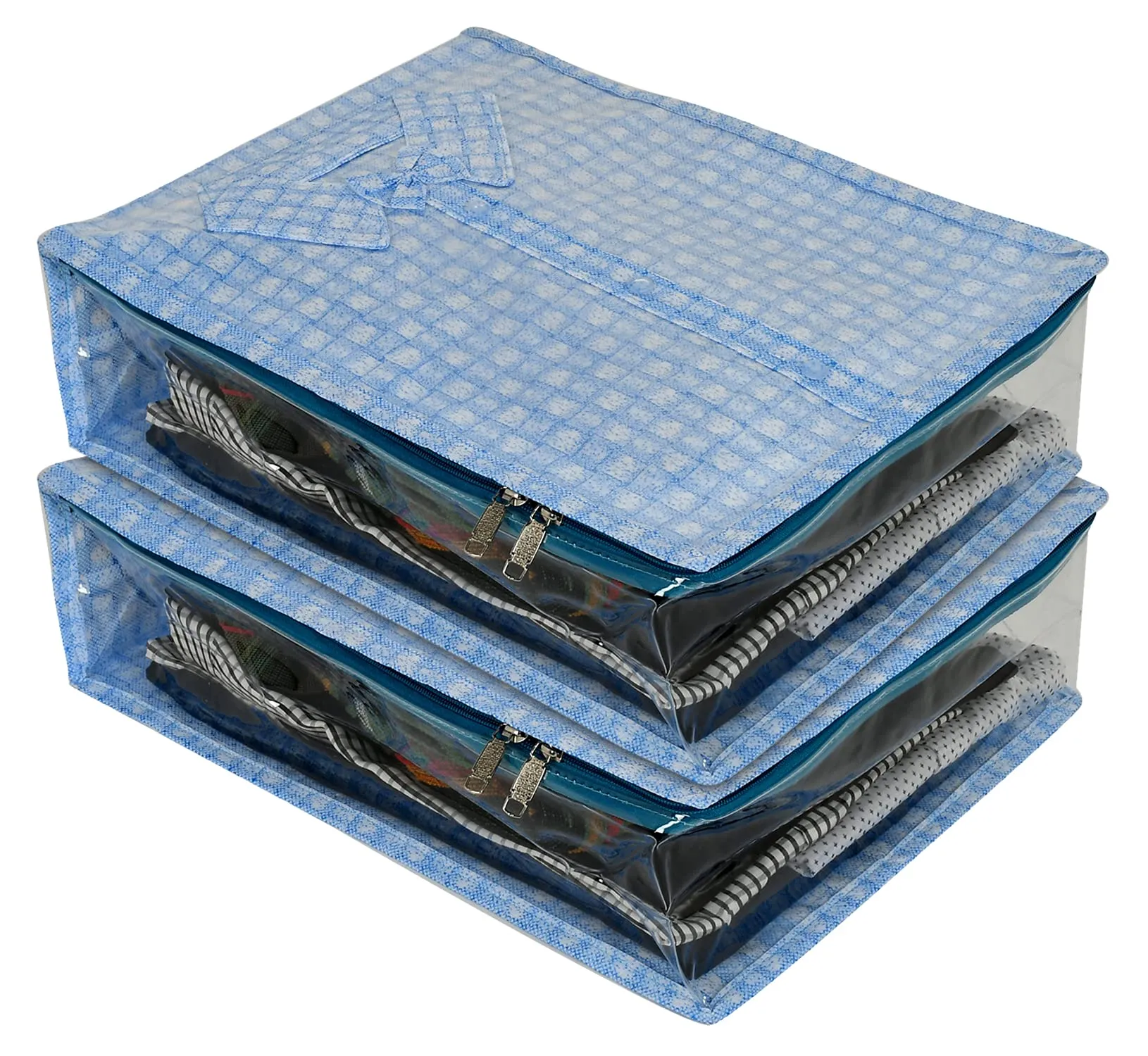 Kuber Industries Check Design Laminated PVC Transaparent Shirt Cover Bag-Pack of 2 (Blue)-HS_38_KUBMART21287