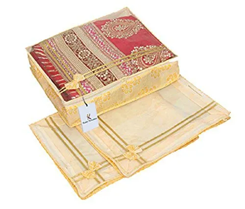 Kuber Industries Clothes Organizer For Wardrobe (Pack of 3) - Single Storage Organizer For Saree | Salwar | Lehenga and Clothes - Dress Organizer For Wardrobe - Single Saree Covers With Zip (Gold)