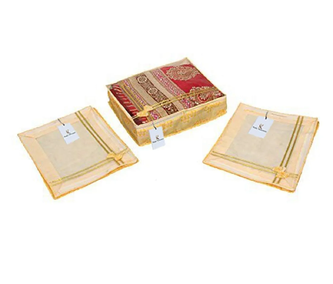 Kuber Industries Clothes Organizer For Wardrobe (Pack of 3) - Single Storage Organizer For Saree | Salwar | Lehenga and Clothes - Dress Organizer For Wardrobe - Single Saree Covers With Zip (Gold)