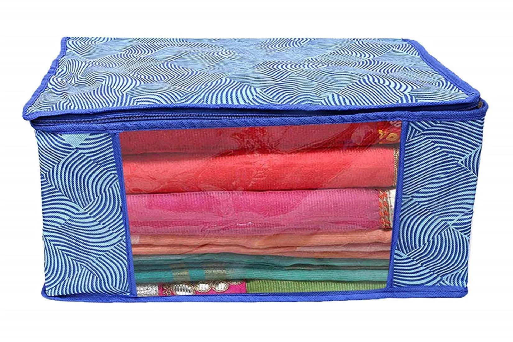 Kuber Industries Laheriya Printed Non Woven 3 Pieces Saree Cover and 3 Pieces Underbed Storage Bag, Cloth Organizer for Storage, Blanket Cover Combo Set (Blue) -CTKTC038683