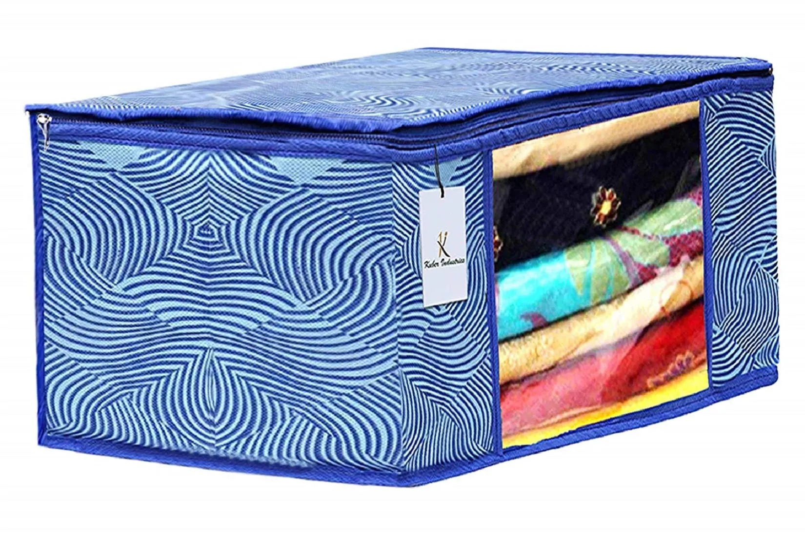 Kuber Industries Laheriya Printed Non Woven 3 Pieces Saree Cover and 3 Pieces Underbed Storage Bag, Cloth Organizer for Storage, Blanket Cover Combo Set (Blue) -CTKTC038683