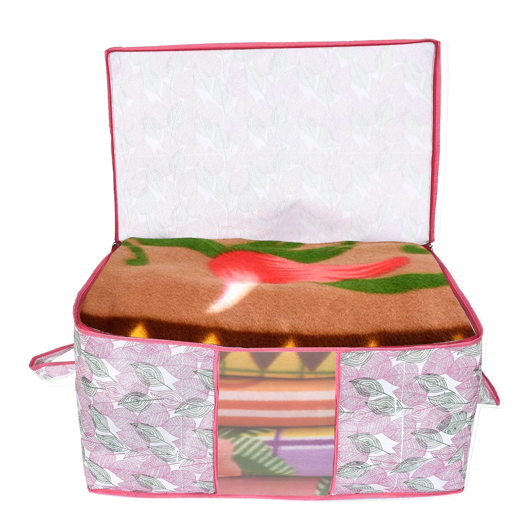 Kuber Industries Leaf Design Non-woven Underbed, Strorage Organizer With Transparent Window- Pack of 3 (Pink)-44KM0486