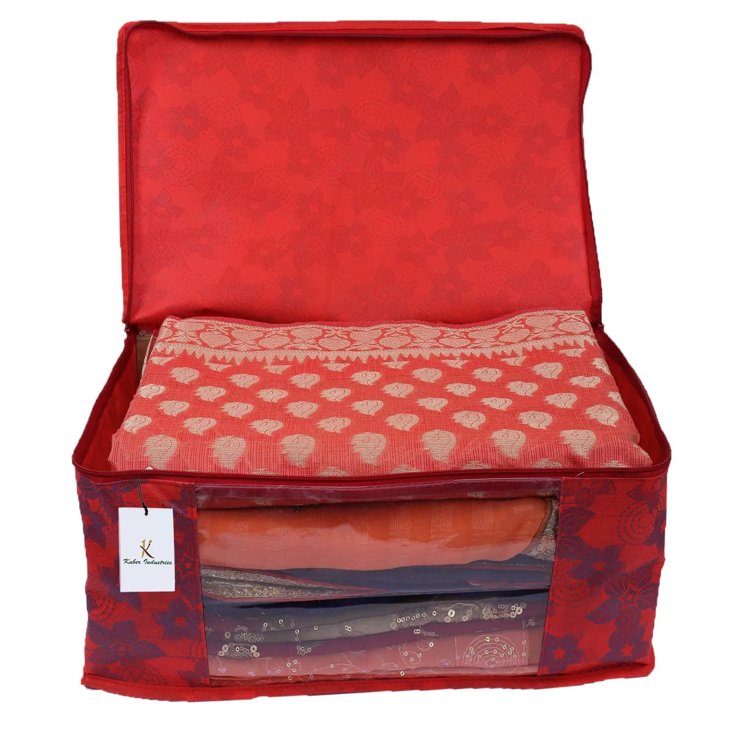 Kuber Industries Metallic Printed Non Woven 6 Pieces Saree Cover and 6 Pieces Underbed Storage Bag, Cloth Organizer for Storage, Blanket Cover Combo Set (Red) -CTKTC038558