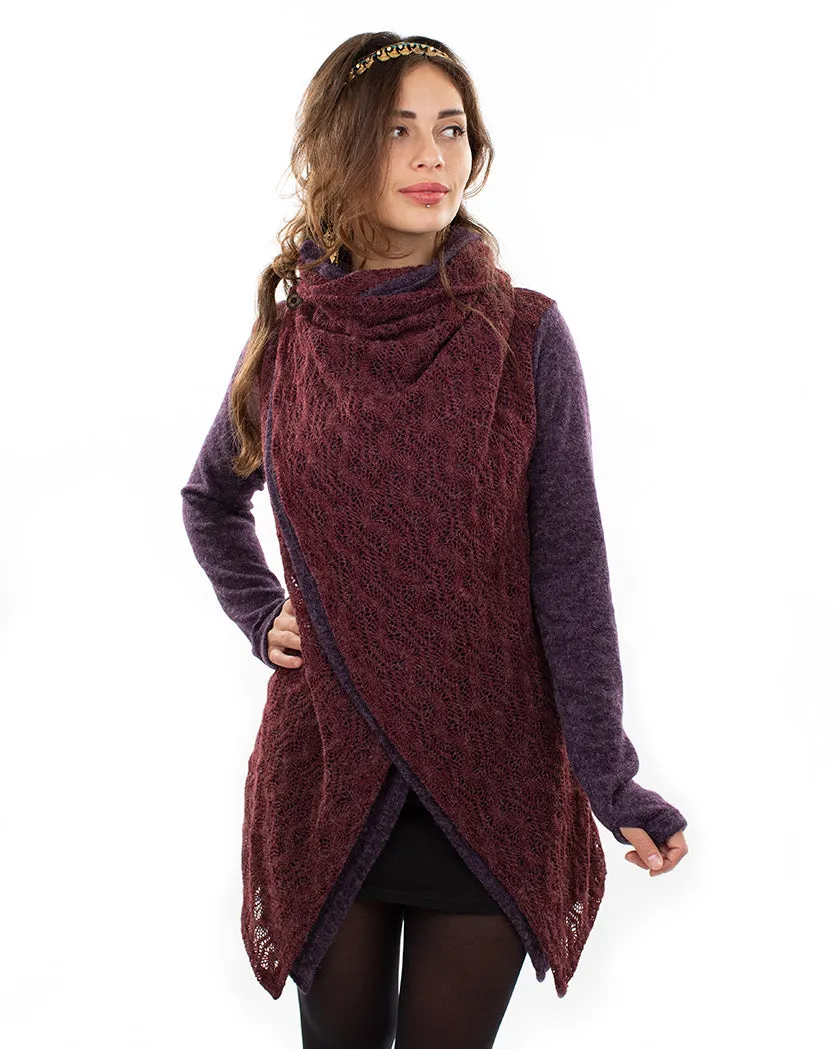 LACE CROCHET CROSSOVER CARDIGAN PURPLE/WINE