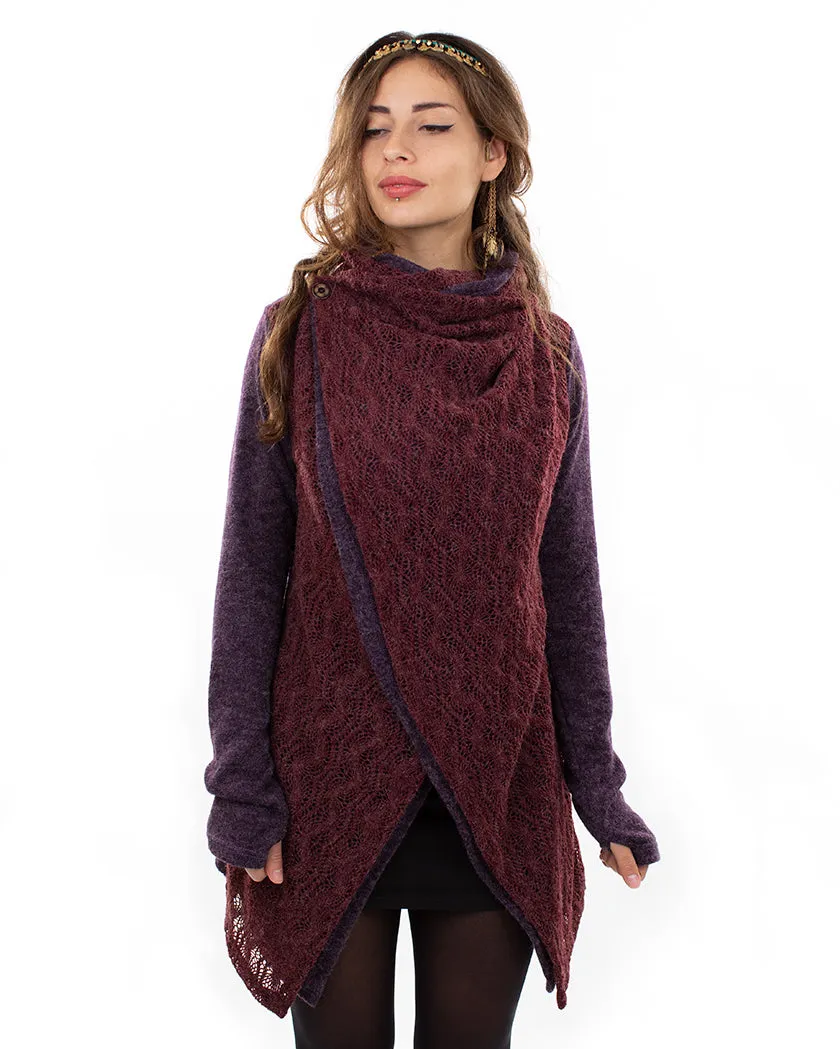 LACE CROCHET CROSSOVER CARDIGAN PURPLE/WINE