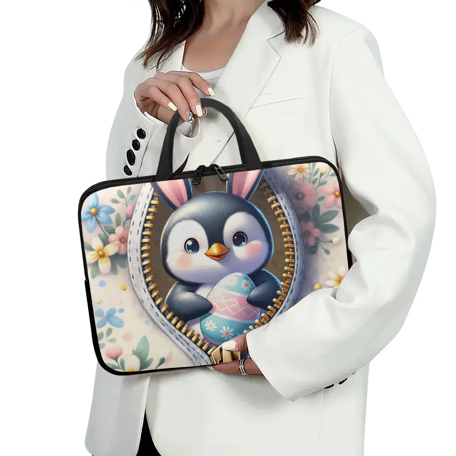 Laptop Sleeve with handles - Easter - Penguin with Bunny Ears