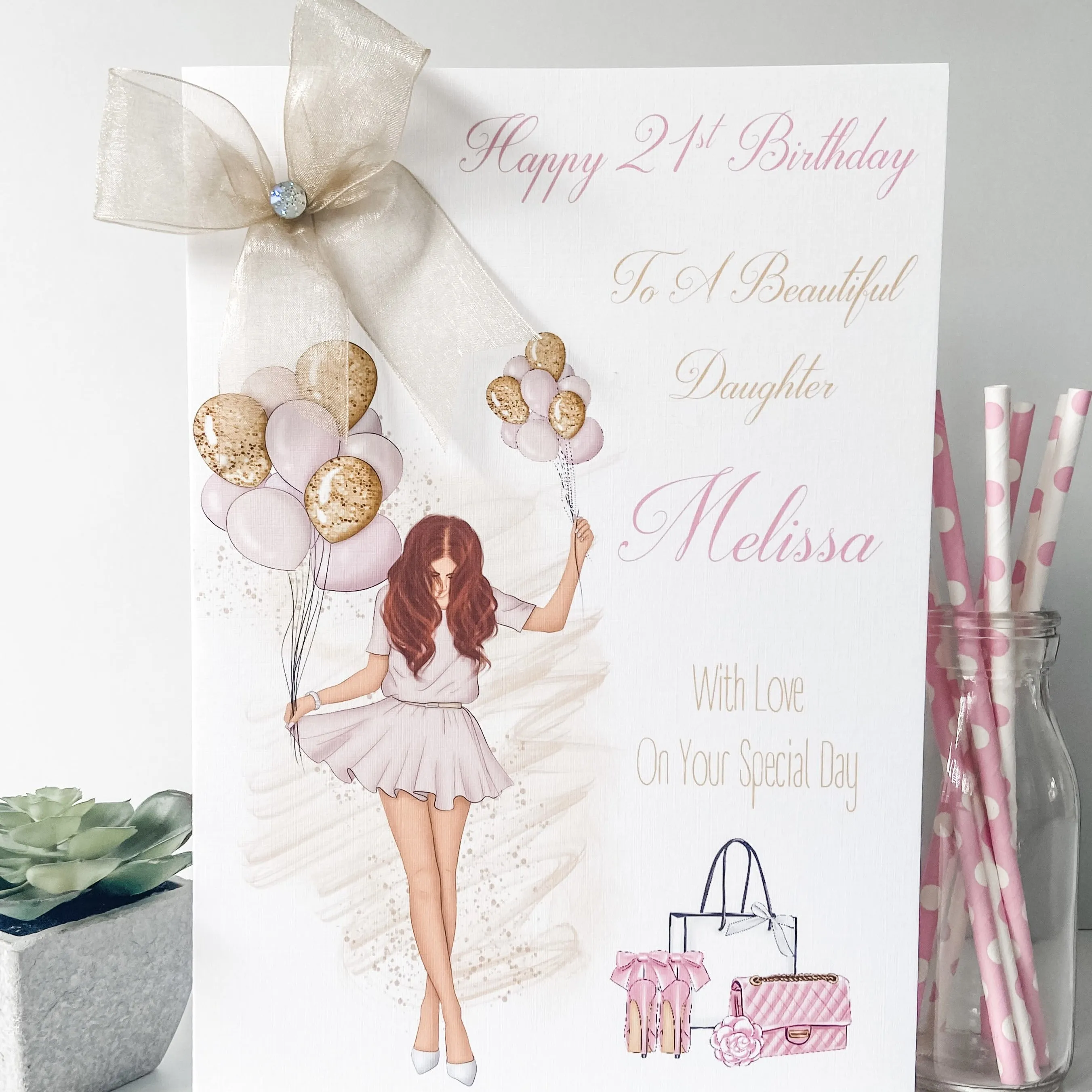 Large A4 Personalised Birthday Card Girl Balloons