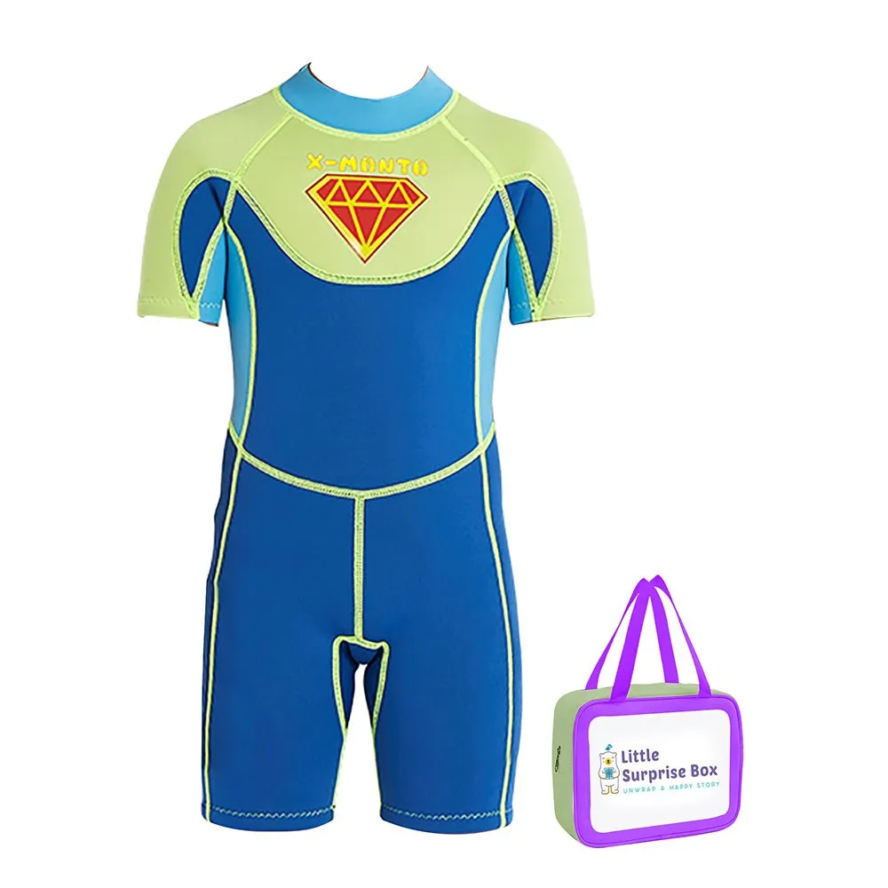 Little Surprise Box Superhero Green & Blue 2.5mm Neoprene Knee Length Kids Half Sleeves Swimwear