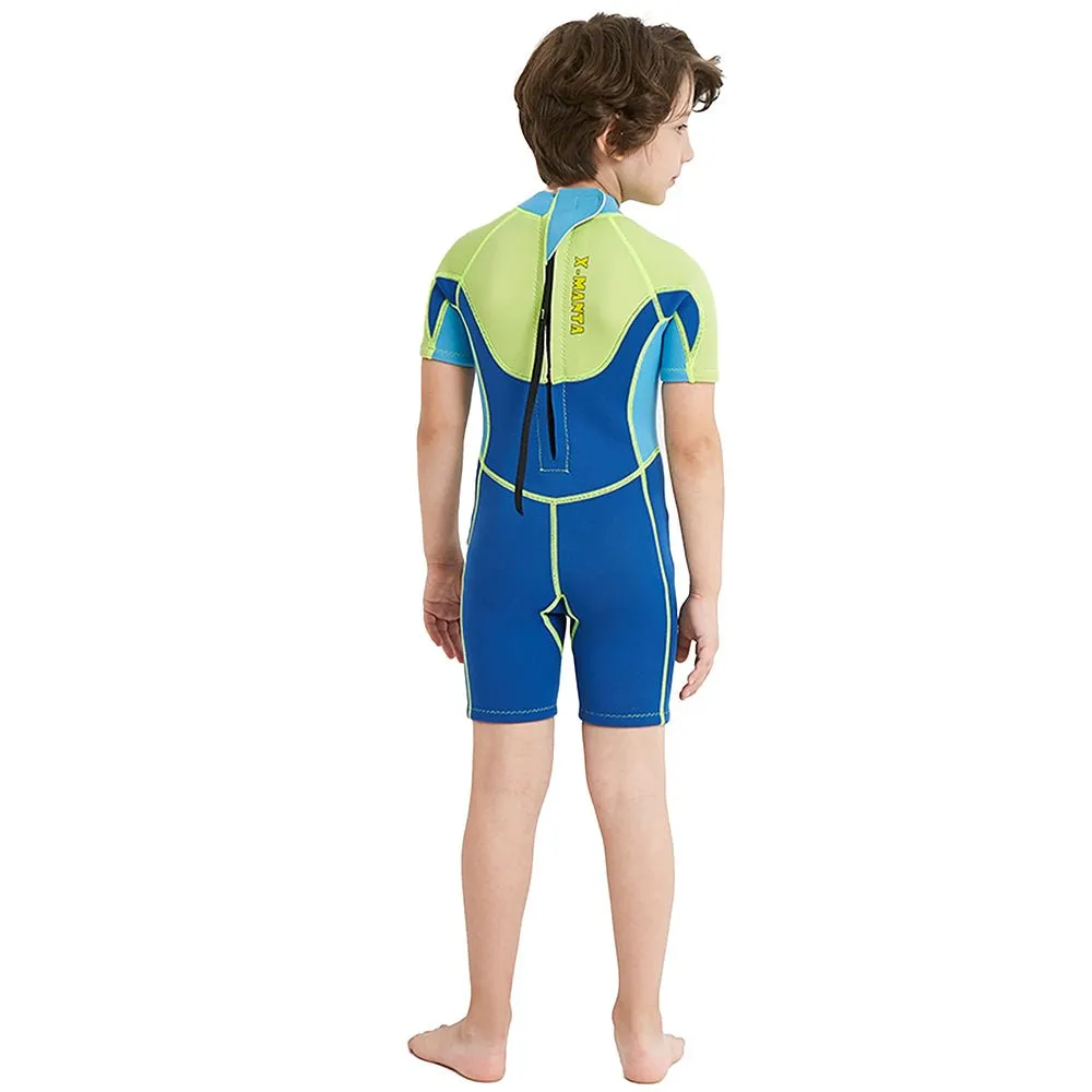 Little Surprise Box Superhero Green & Blue 2.5mm Neoprene Knee Length Kids Half Sleeves Swimwear