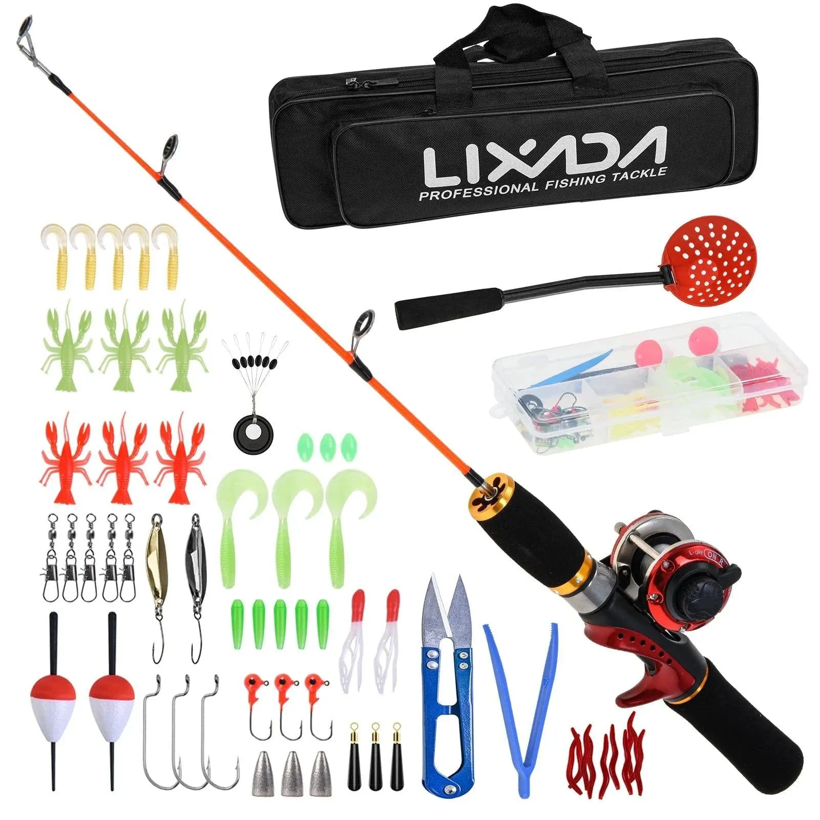 Lixada Ice Fishing Rod Reel Combo Complete Kit with Ice Skimmer Sc-oop and Carry Bag Lures Hooks Swivels Accessories