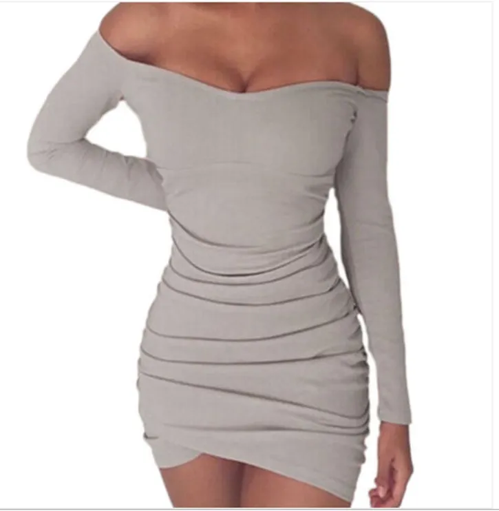 Long Sleeve Neck Collar Sexy Pleated Slim Bag Hip Dress