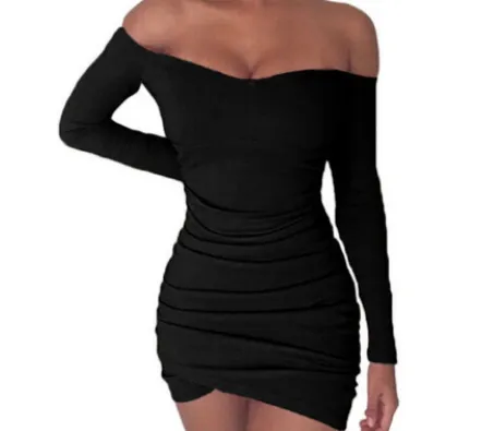 Long Sleeve Neck Collar Sexy Pleated Slim Bag Hip Dress