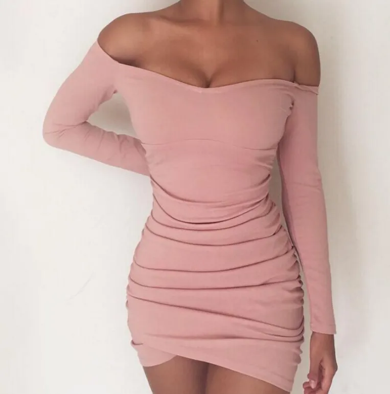 Long Sleeve Neck Collar Sexy Pleated Slim Bag Hip Dress