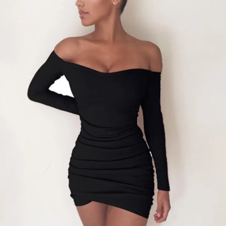 Long Sleeve Neck Collar Sexy Pleated Slim Bag Hip Dress