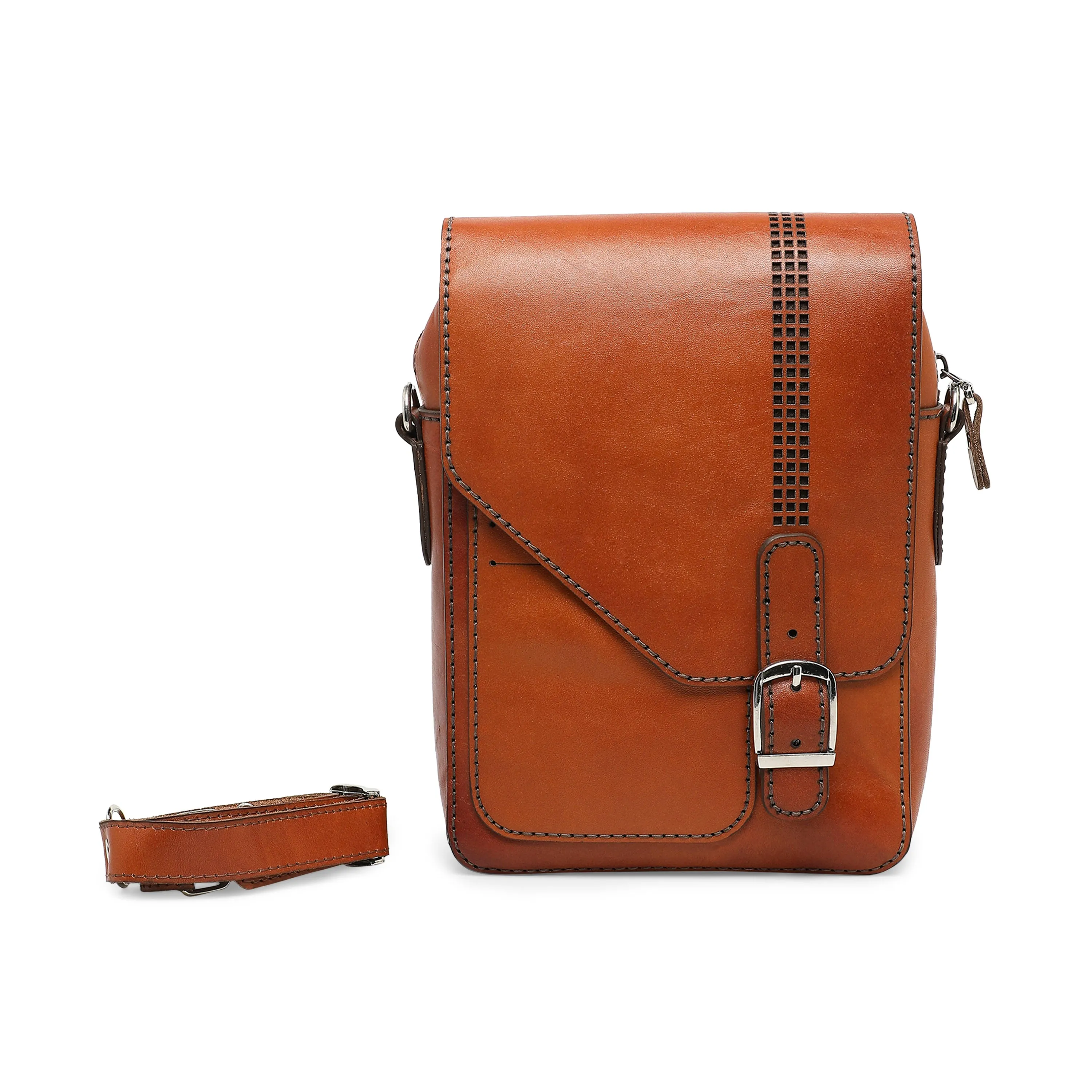 Michelle Men's Genuine Leather Side Messenger Bag - Tan