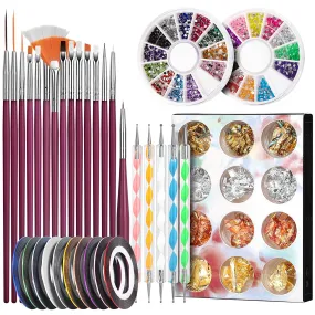 Nail Pen Designer, Teenitor Stamp Nail Art Tool with 15Pcs Nail Painting Brushes, Nail Dotting Tool, Nail Foil, Manicure Tape, Color Rhinestones for Nails-Rose Red