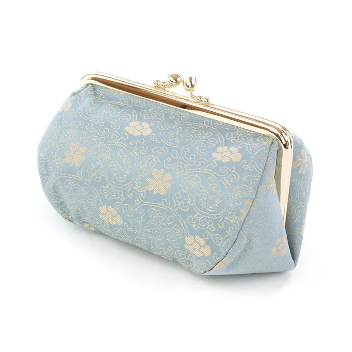 Nishijin-ori Small Pouch - Chrysanthemum and Peony Flowers / Blue -, Made in Kyoto, Japan, Cosmetic Pouch, Makeup Pouch, Japanese Gama