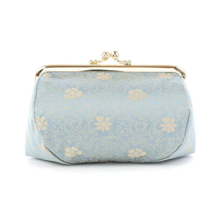 Nishijin-ori Small Pouch - Chrysanthemum and Peony Flowers / Blue -, Made in Kyoto, Japan, Cosmetic Pouch, Makeup Pouch, Japanese Gama