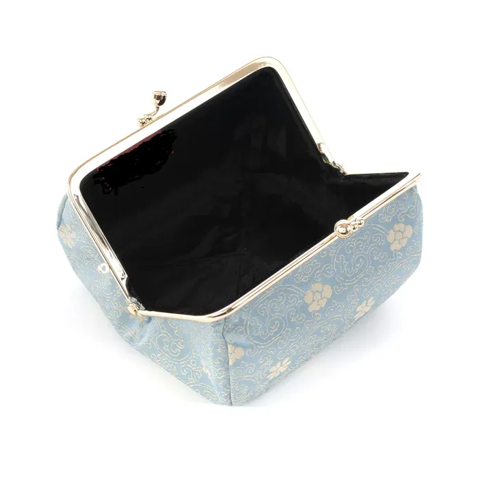 Nishijin-ori Small Pouch - Chrysanthemum and Peony Flowers / Blue -, Made in Kyoto, Japan, Cosmetic Pouch, Makeup Pouch, Japanese Gama