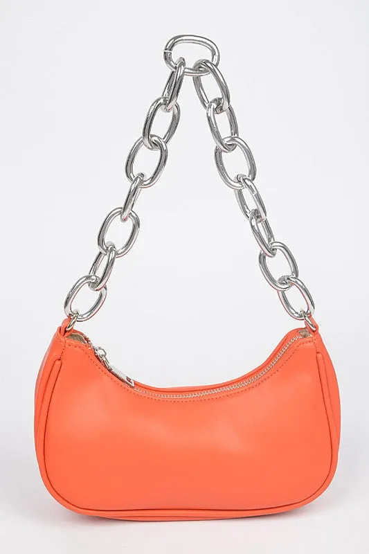 Orange Faux Leather Chain Shoulder Bag