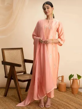 Peach Embroidered Silk Straight Kurta With Dupatta