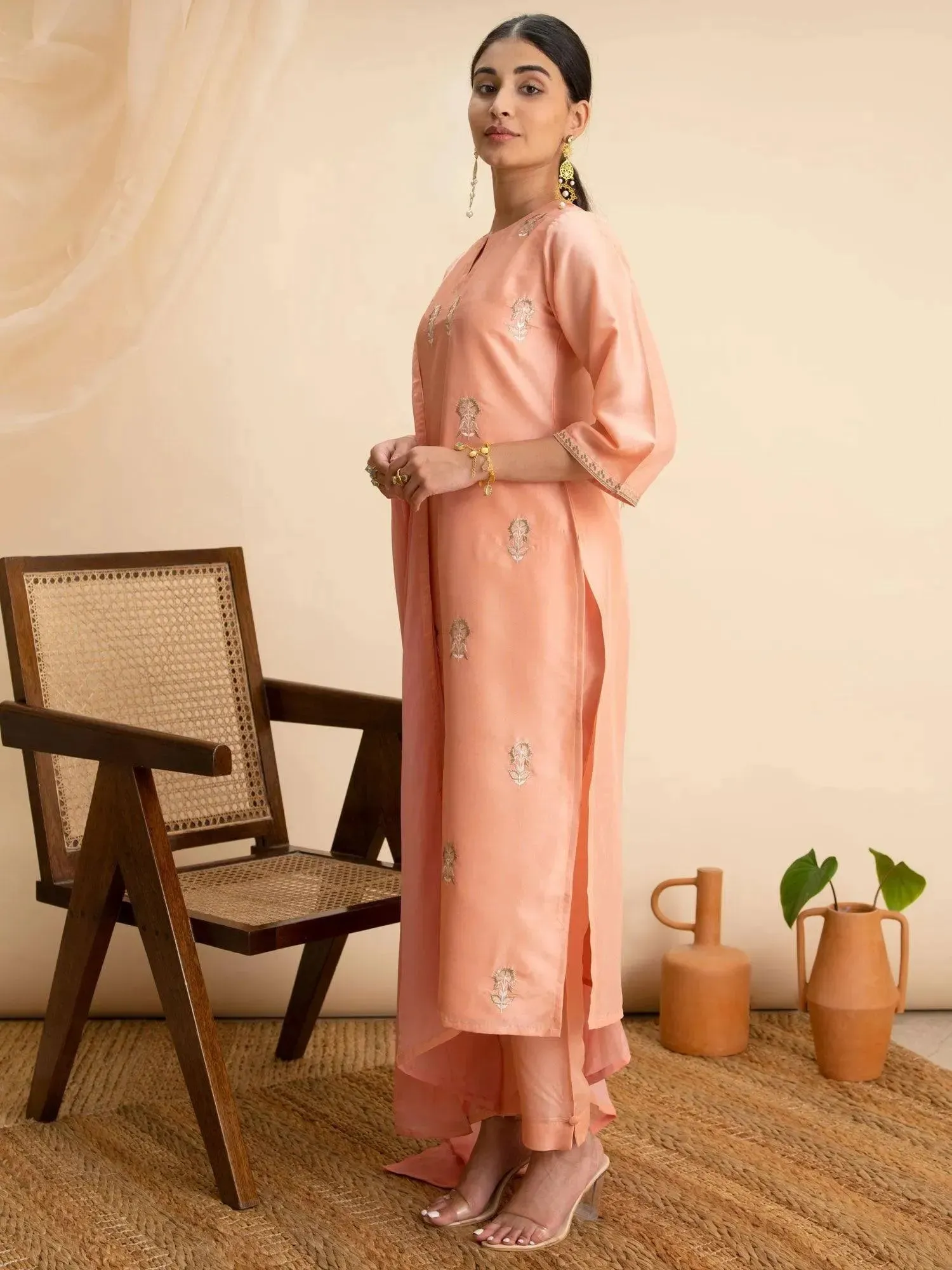 Peach Embroidered Silk Straight Kurta With Dupatta