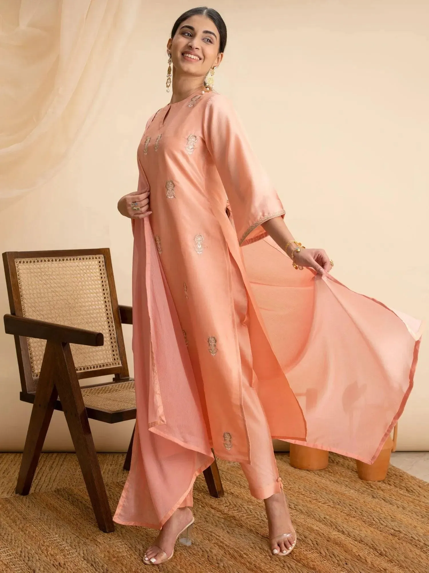 Peach Embroidered Silk Straight Kurta With Dupatta