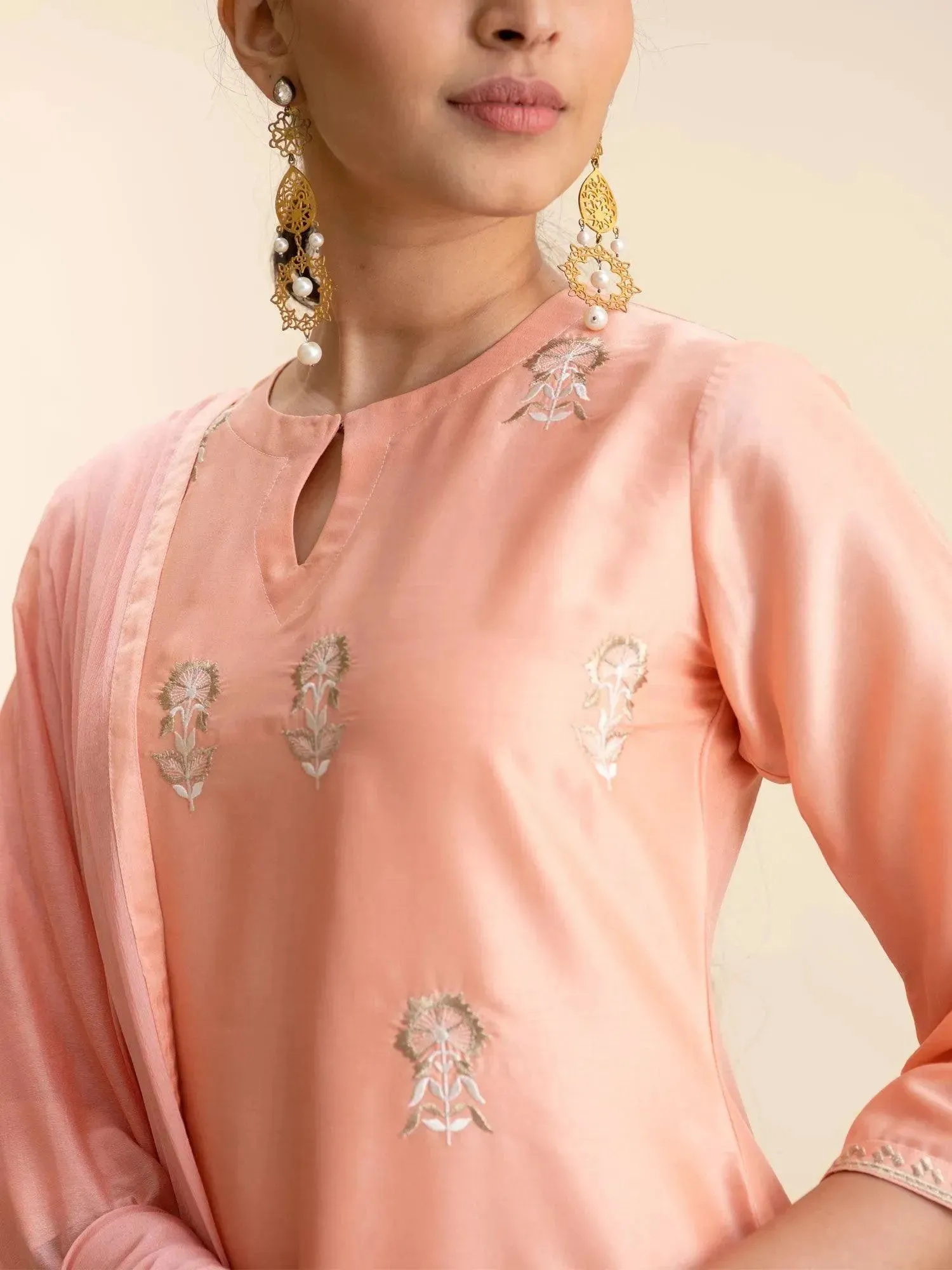 Peach Embroidered Silk Straight Kurta With Dupatta