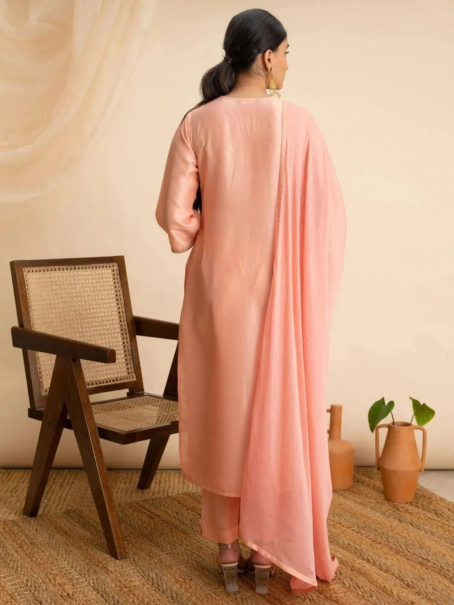 Peach Embroidered Silk Straight Kurta With Dupatta