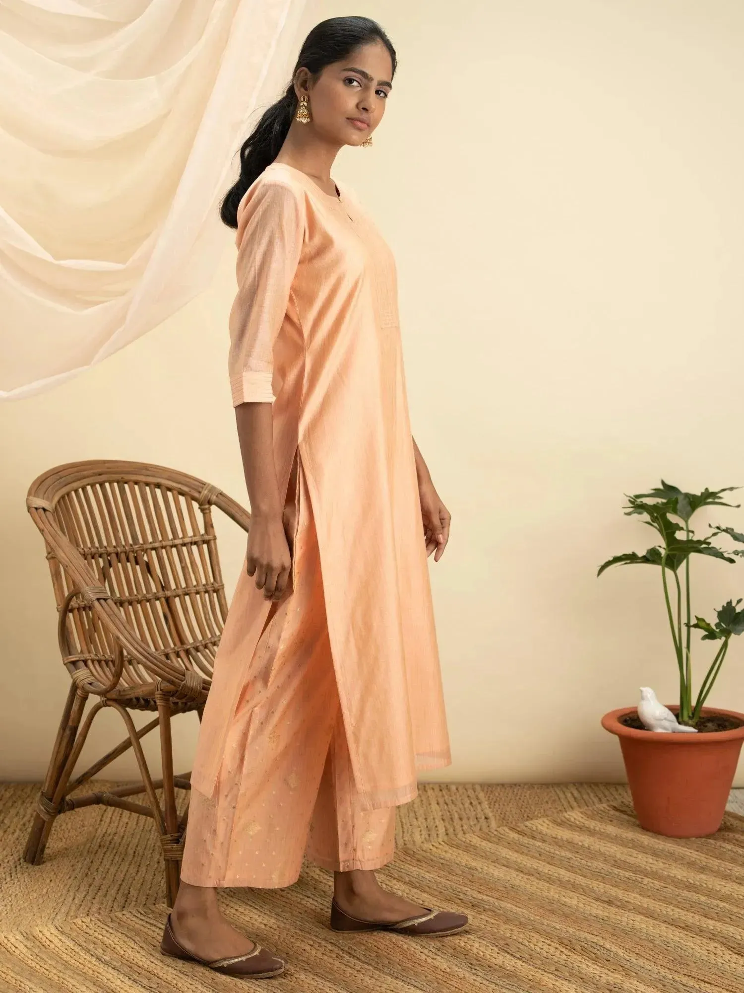 Peach Self Design Chanderi Silk Straight Kurta With Palazzos